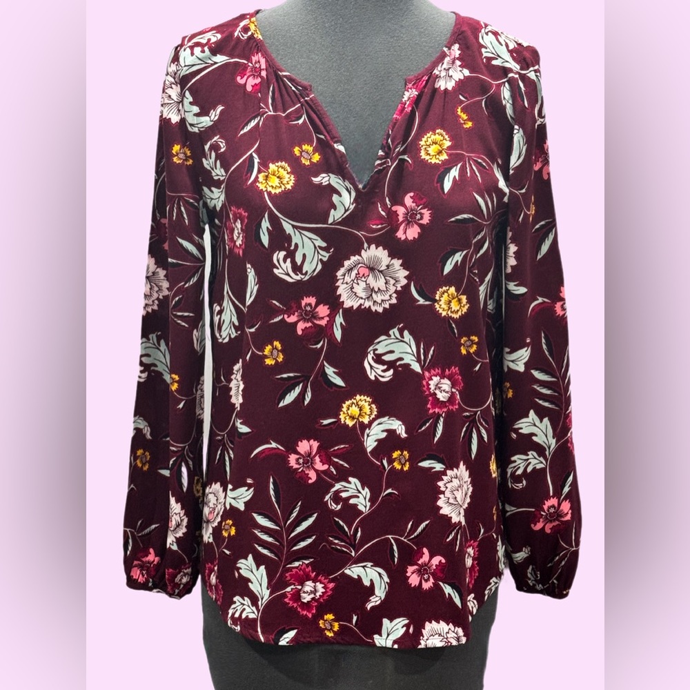 Old Navy Floral Burgandy Print Long Sleeve Top Size XS
